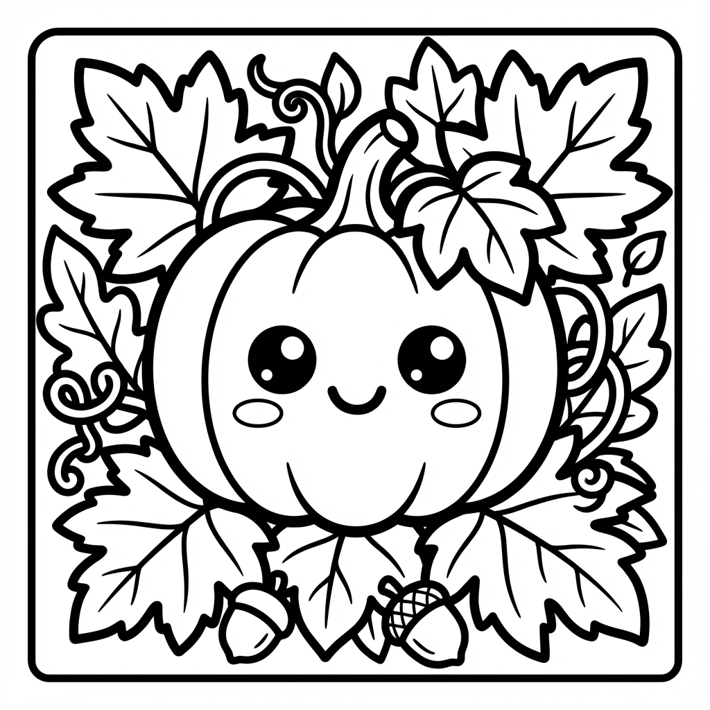 Cute pumpkin surrounded by autumn leaves, designed for bold line coloring pages and wide margin coloring sheets.